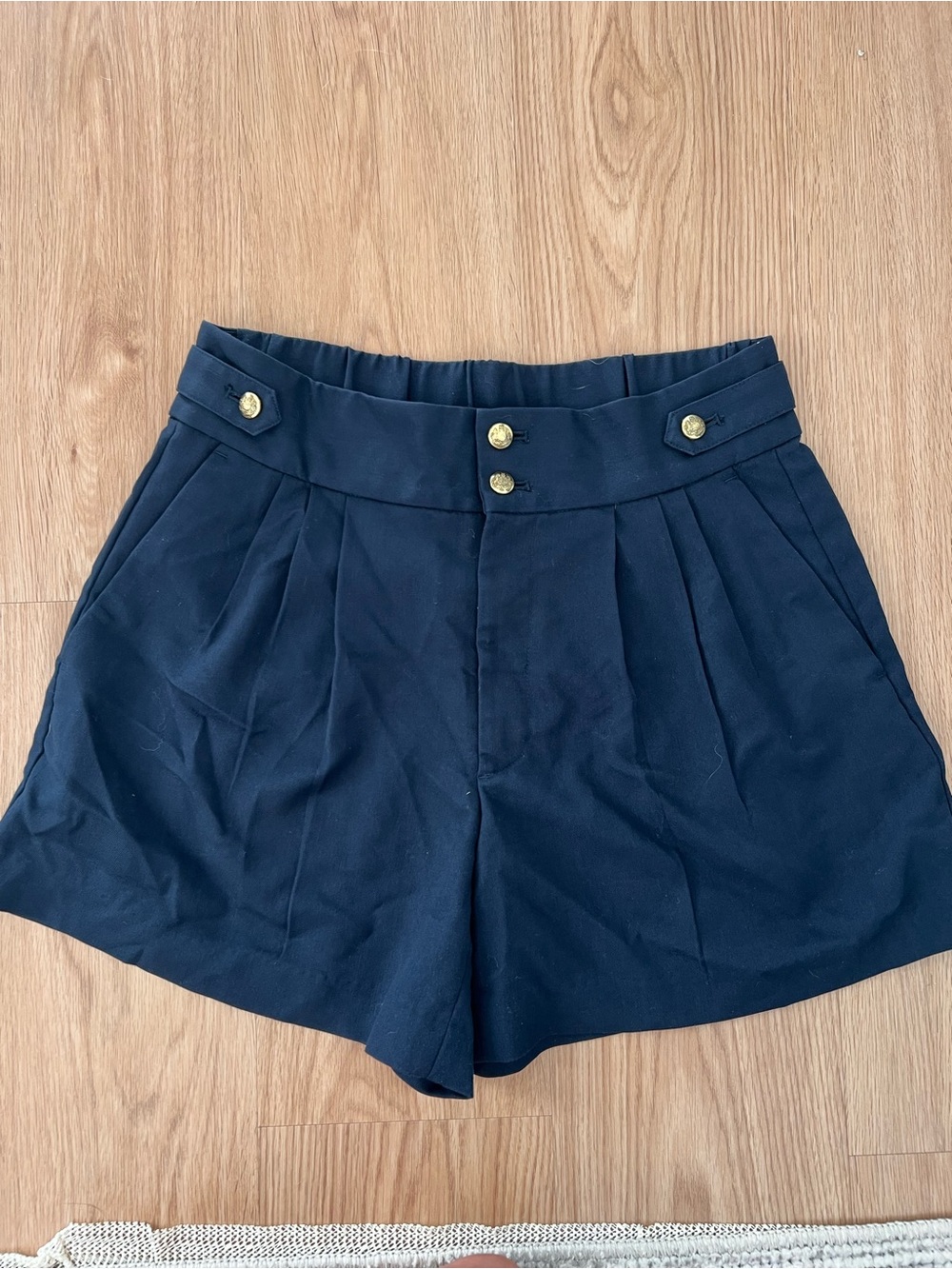 Banana Republic Navy Pleated High-Waist Women's Shorts with Gold Buttons